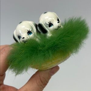 Vintage 50’s ceramic pair of Dalmatian puppies in a basket with fur lining